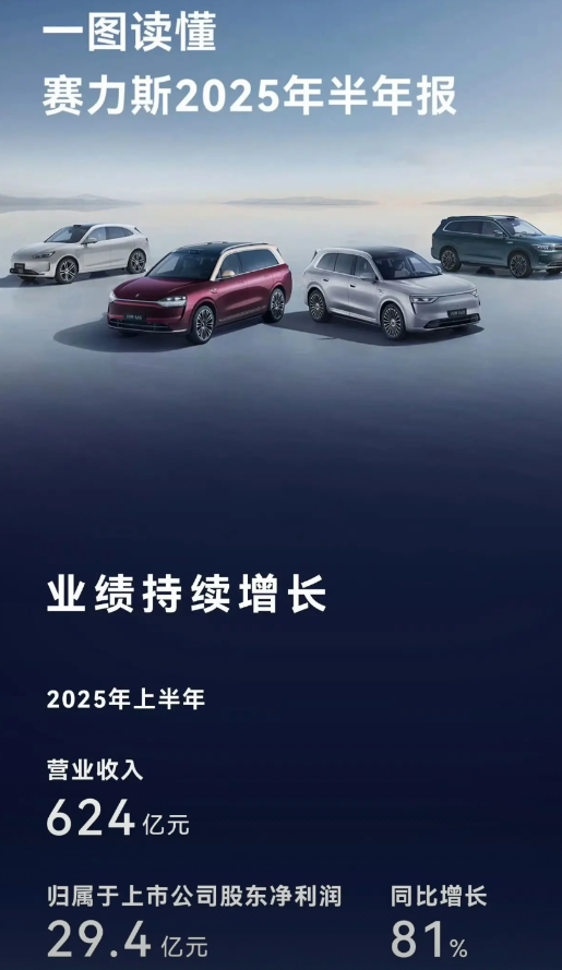 赢麻了的赛力斯2025上半年年报出来了，营业收入高达624亿元，归属股东29.4