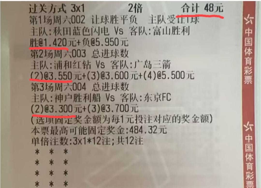 打这样一张彩票，真的合算吗？网上看到的一张彩票，是一张“3串1”混合打法的彩票