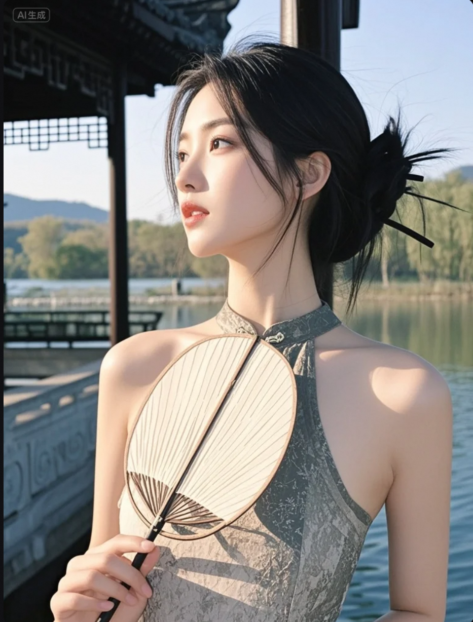 她站在湖边，像一幅会呼吸的水墨