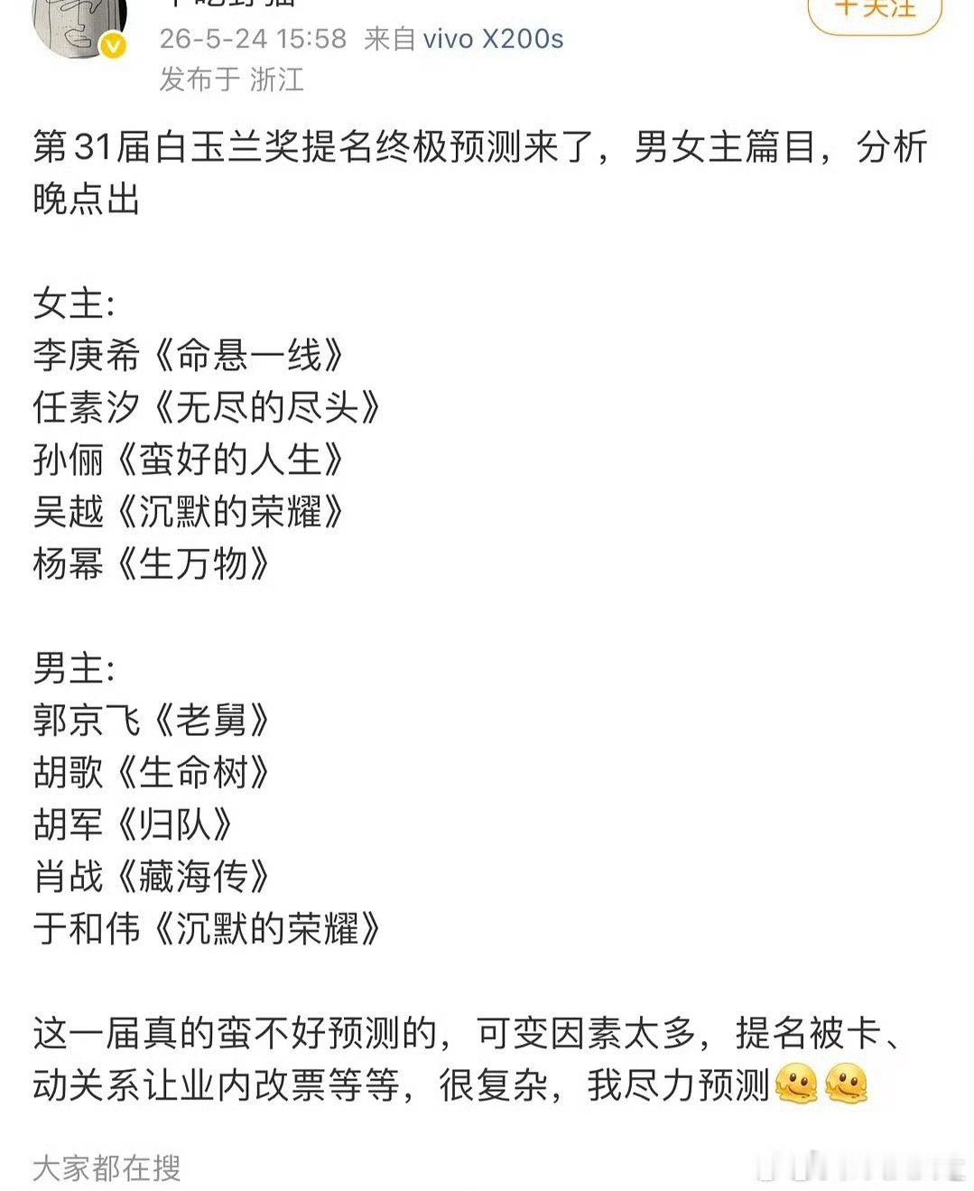 白玉兰这应该是公布提名的最后一版预测了，应该大差不差就是这个名单了吧，今年的热度