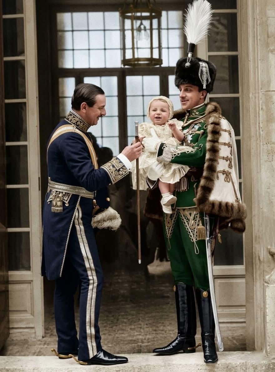 下图捕捉的是20世纪初西班牙王室家庭中一个温馨瞬间。很可能是在王室洗礼仪式期间拍