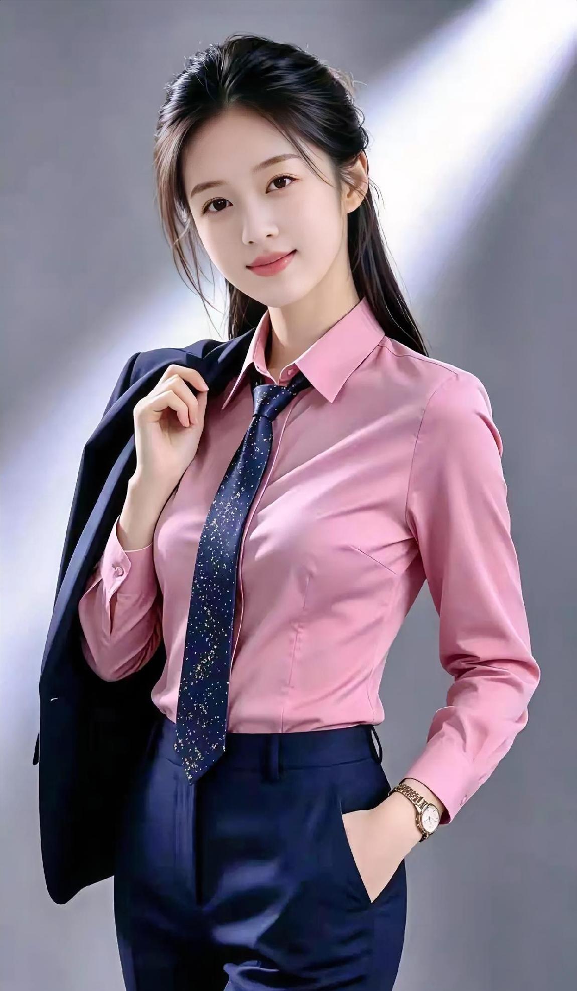 《光影里的粉黛风华》聚光灯轻洒肩头你浅笑回眸，温婉如诗粉衬衫揉碎了职