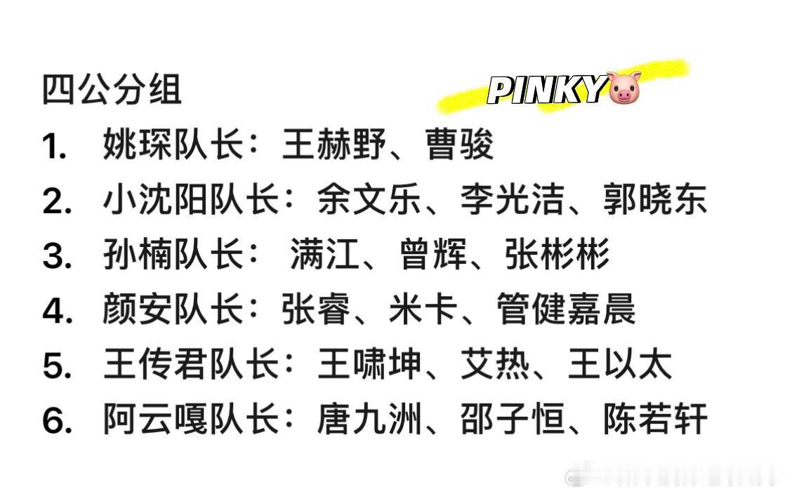 披荆斩棘6·四公组队✅6组1.姚琛队长：王赫野、曹骏2.小沈阳队长：余文乐、