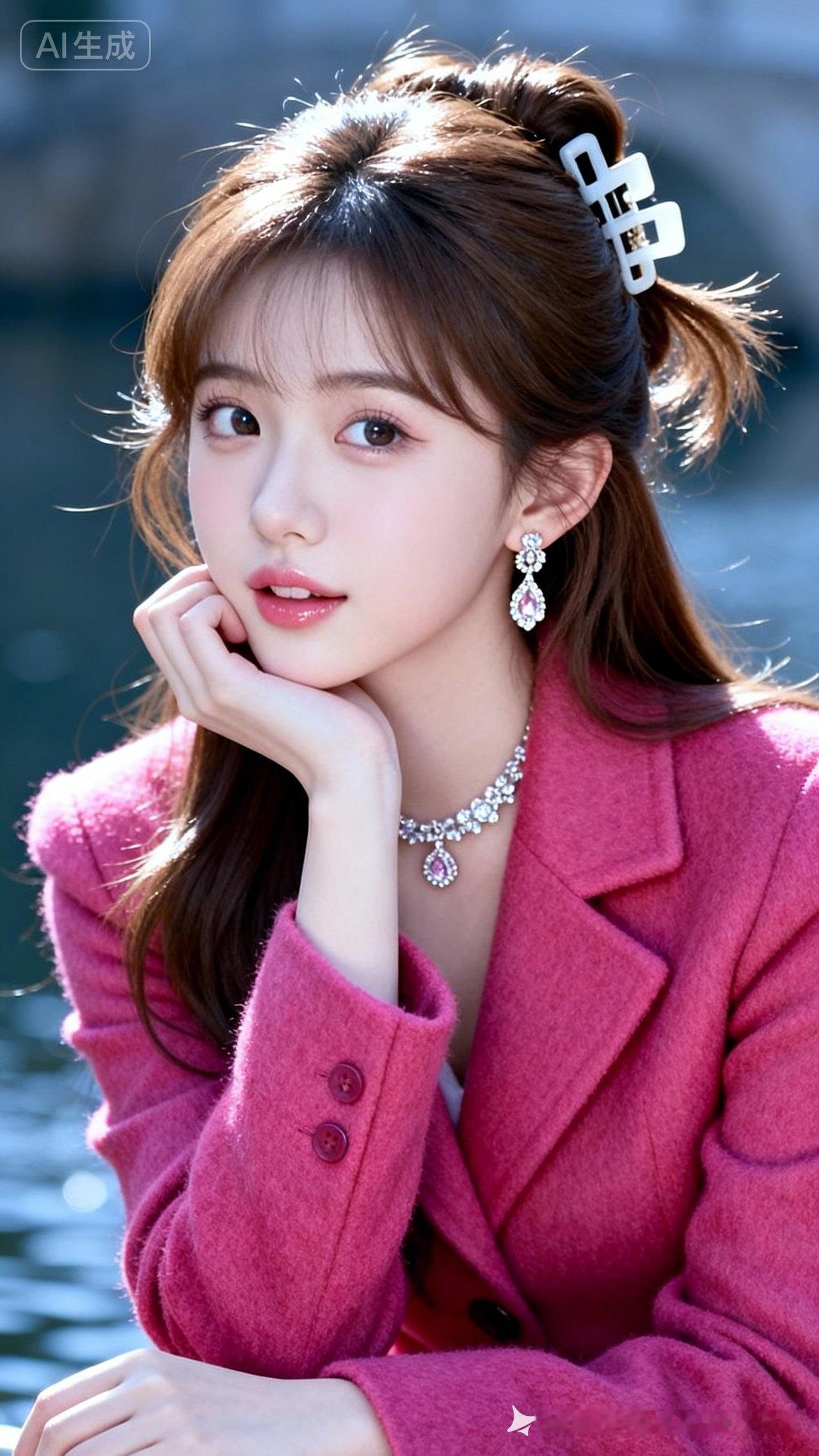 少女冷白皮陶瓷肌透亮，大抓夹盘发棕丝分明带碎发，玫红修身毛呢大衣，钻石耳饰项链精