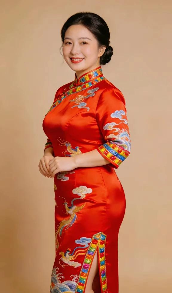 中国红色，红色旗袍。东方文化，国风古韵。满面春风，红红火火。贴身裁剪，开叉