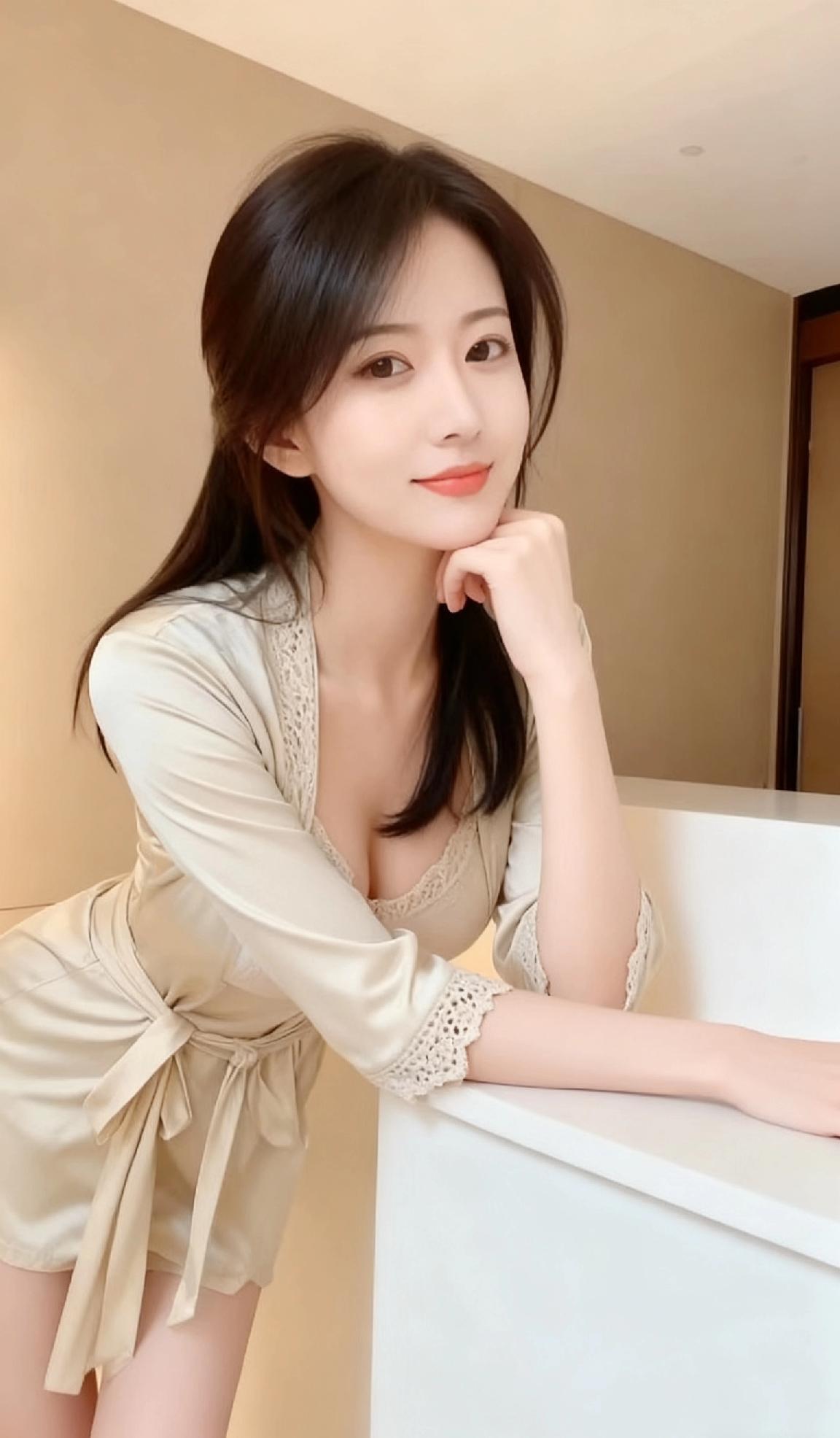 她笑起来像春日暖阳，乌黑长发柔顺垂肩，眼神清澈得能映出星光。米色蕾丝睡衣衬得肌肤