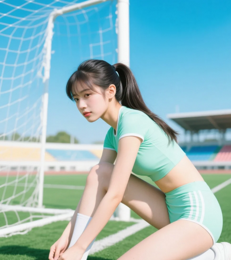 球场边的清凉一夏，足球宝贝坐姿展现活力曲线