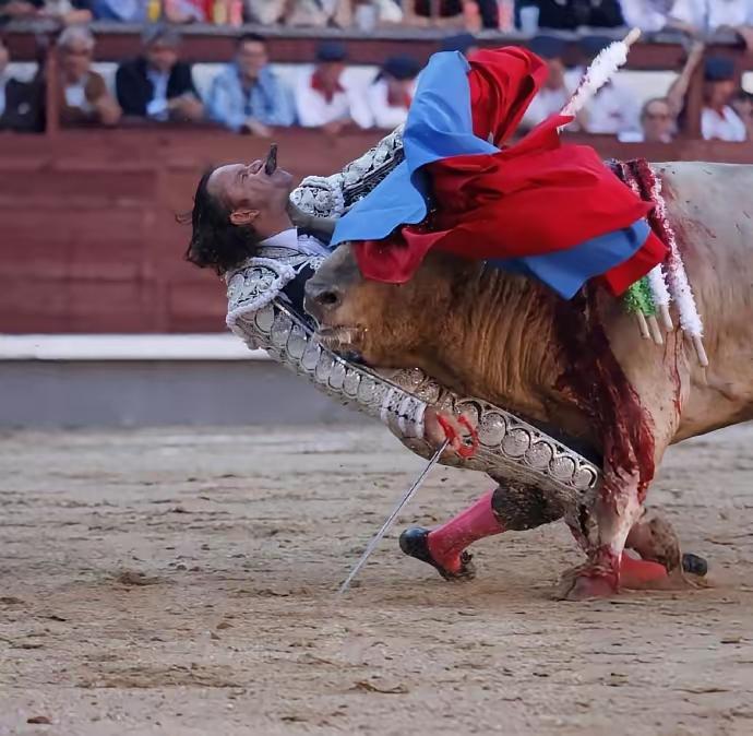 可怕，斗牛原来是一个高危职业，不小心可能就会被牛顶死！牛角直接顶出了口，不死即