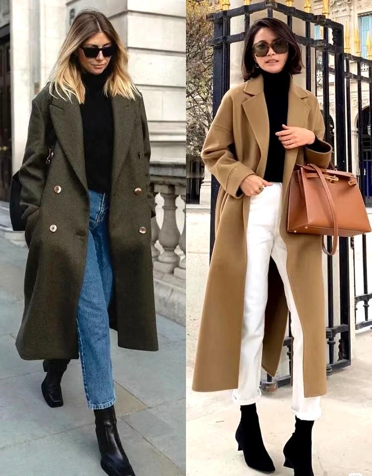 如果是身处职场的女性，适合选择西装和大衣搭配，大衣和西装的面料显质感，版型设计挺