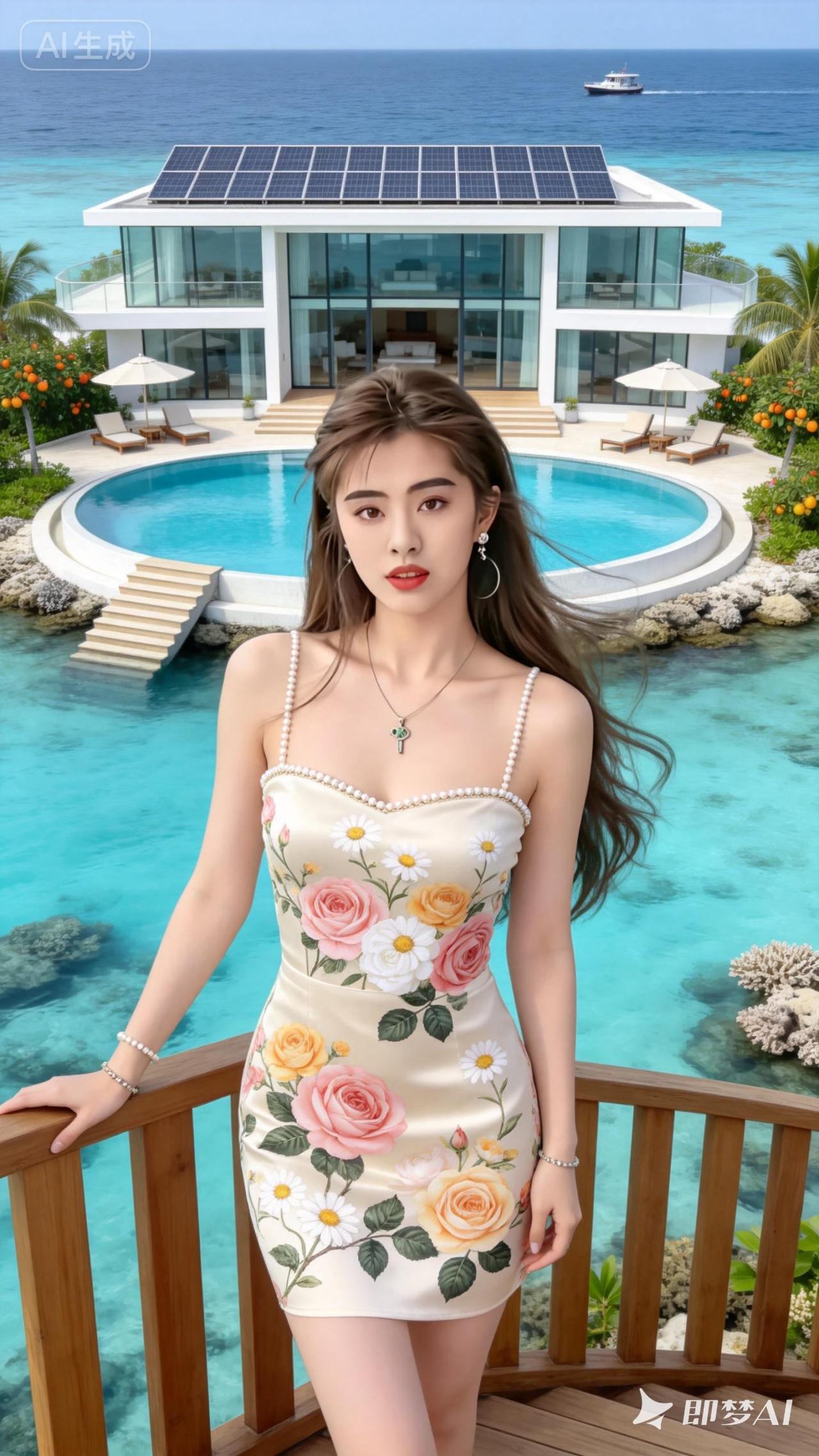 海边度假风，穿着花卉连衣裙，享受阳光和海浪的美好时光。