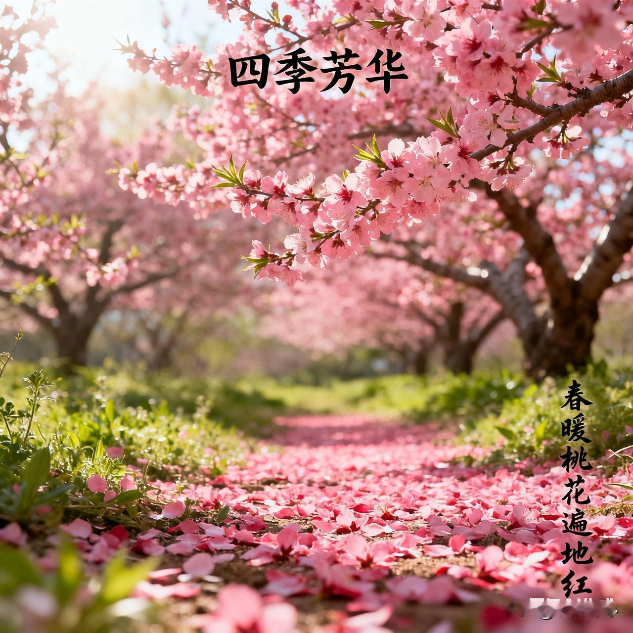 《四季芳华》乐韵诗心原创藏头诗词:春暖桃花遍地红，夏绿荷叶满池中，秋到丹桂