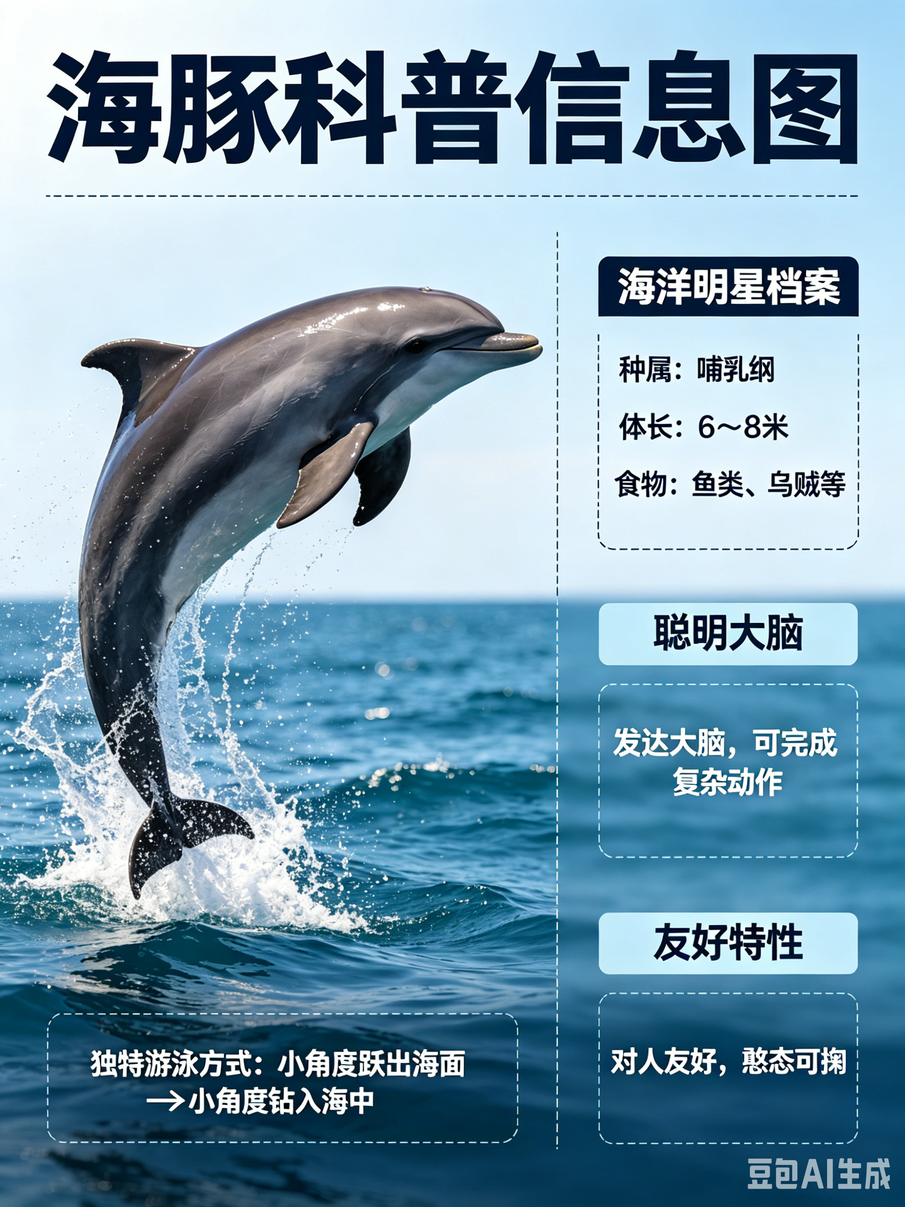 海洋朋友圈海豚海洋档案种　属：哺乳纲体　长：6～8米食　物：鱼类、乌贼等提起最