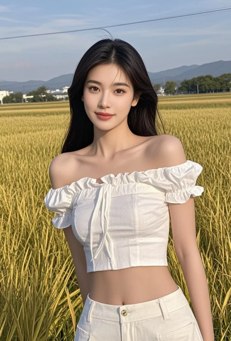 她与稻田同色，仿佛是从秋日画卷中走出的仙子。
