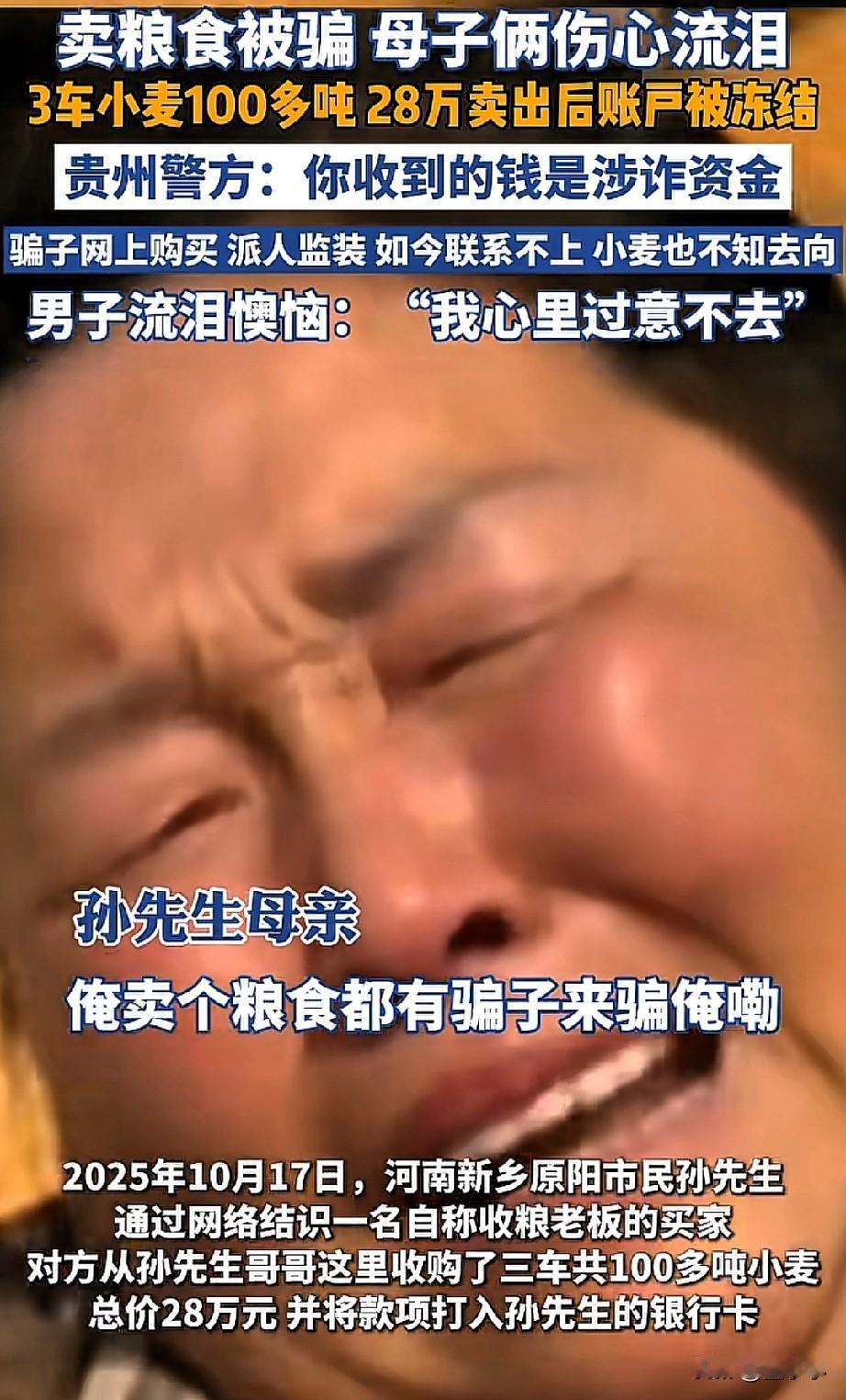太缺德了!农民卖粮食被骗,3车的小麦100多吨卖了28万,钱打到账户后立马就被冻