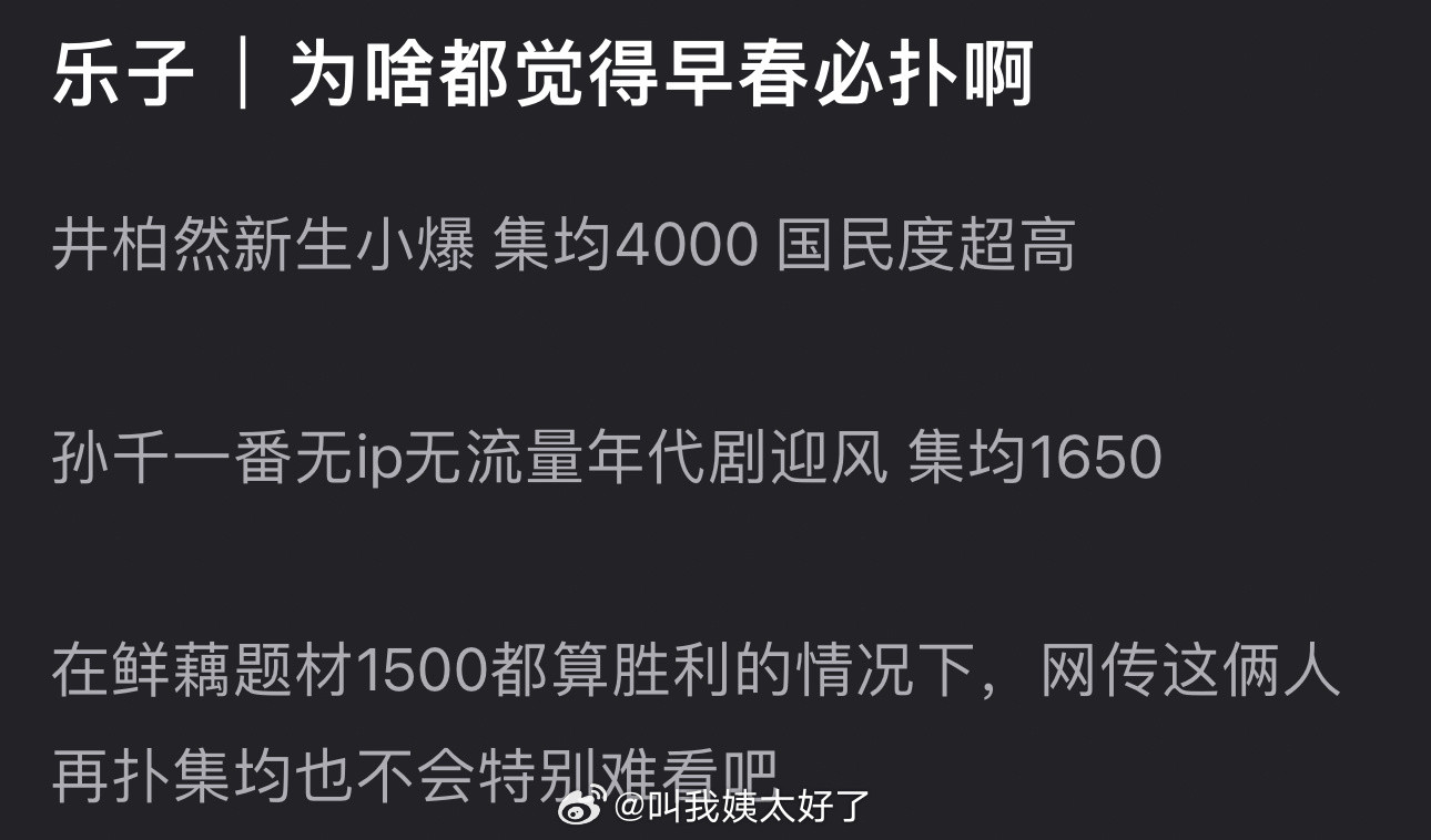 为什么大家都觉得早春必扑？井柏然新生小爆集均4000国民度超高，孙千一番无ip无