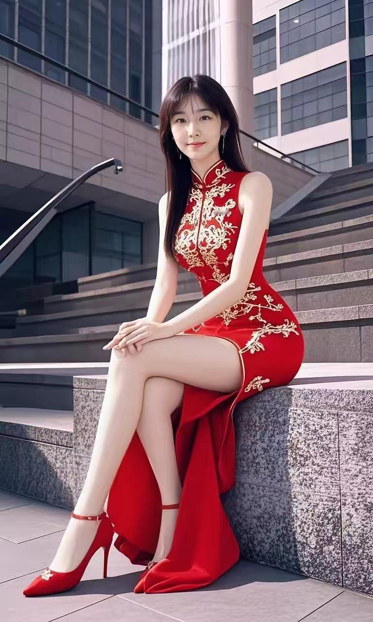 红裙如火，金线勾勒东方韵；都市台阶间，优雅与自信，惊艳了整个街角。