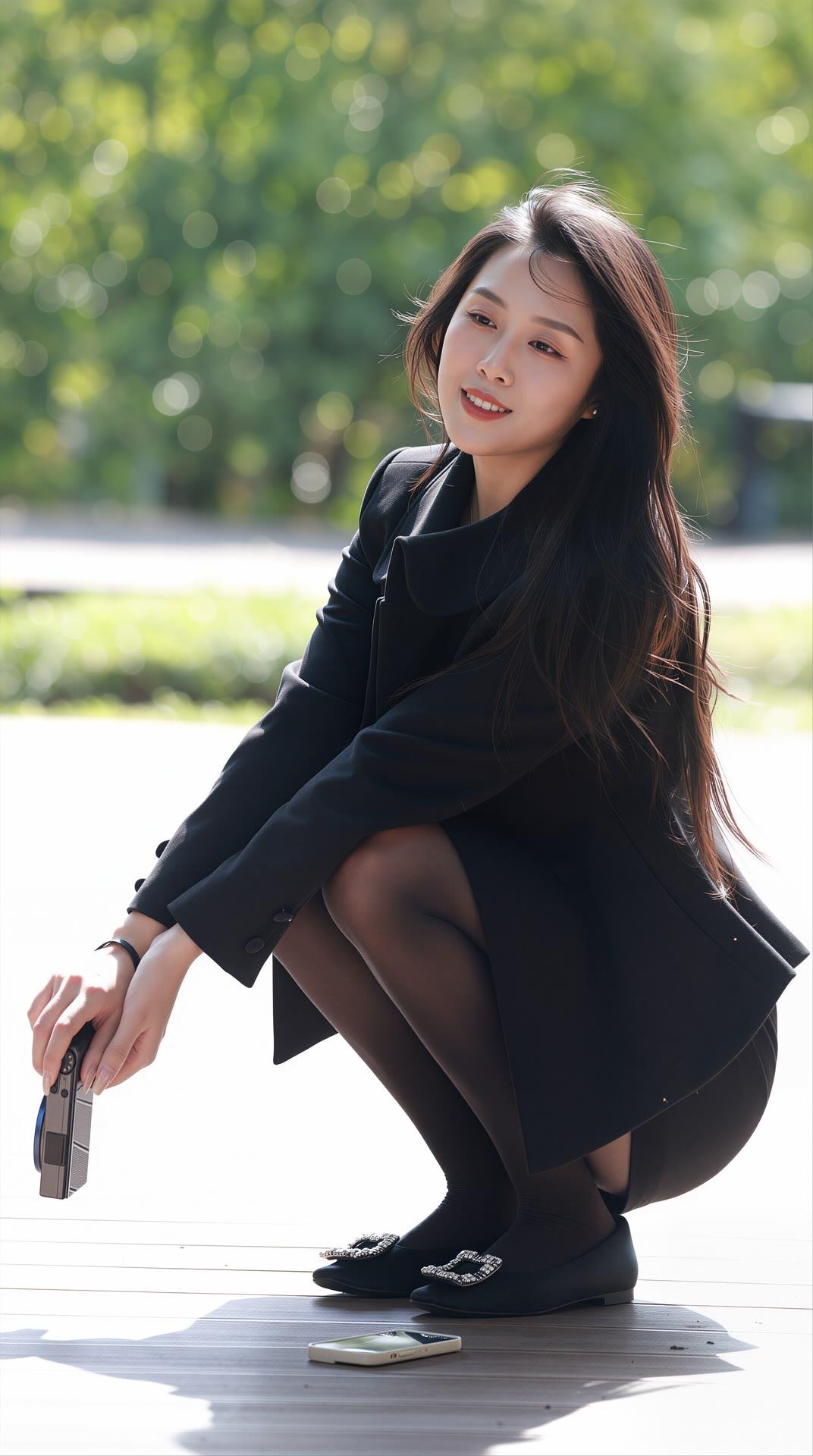 优雅黑裙少女，阳光下的甜美瞬间