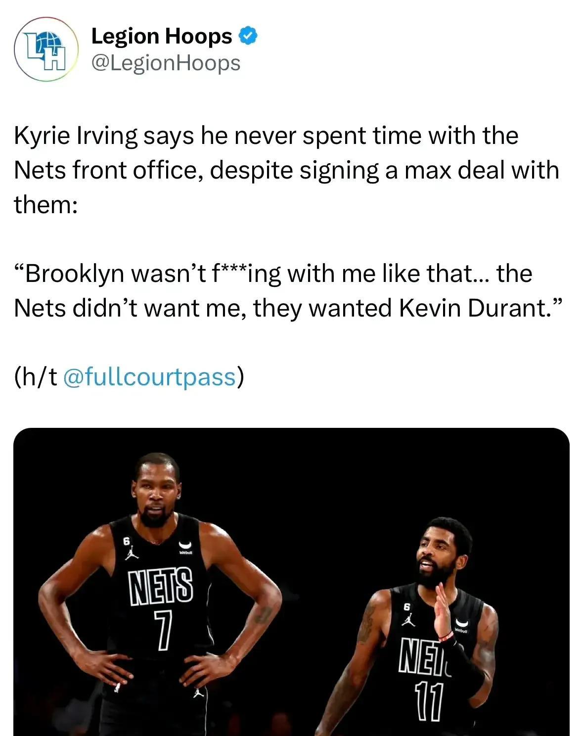 欧文：在篮网时从没有得到跟杜兰特一样的尊重，我不在乎谁是NBA的GOAT，哈登对