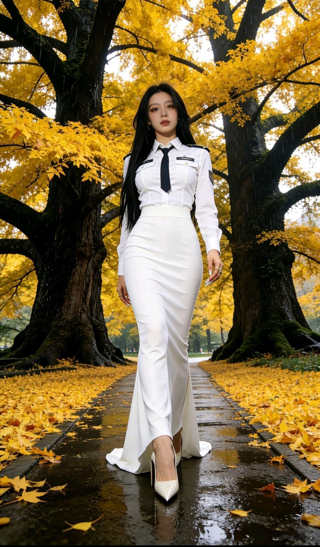 秋日漫步，黄叶飘落，优雅白裙，雨中漫步。