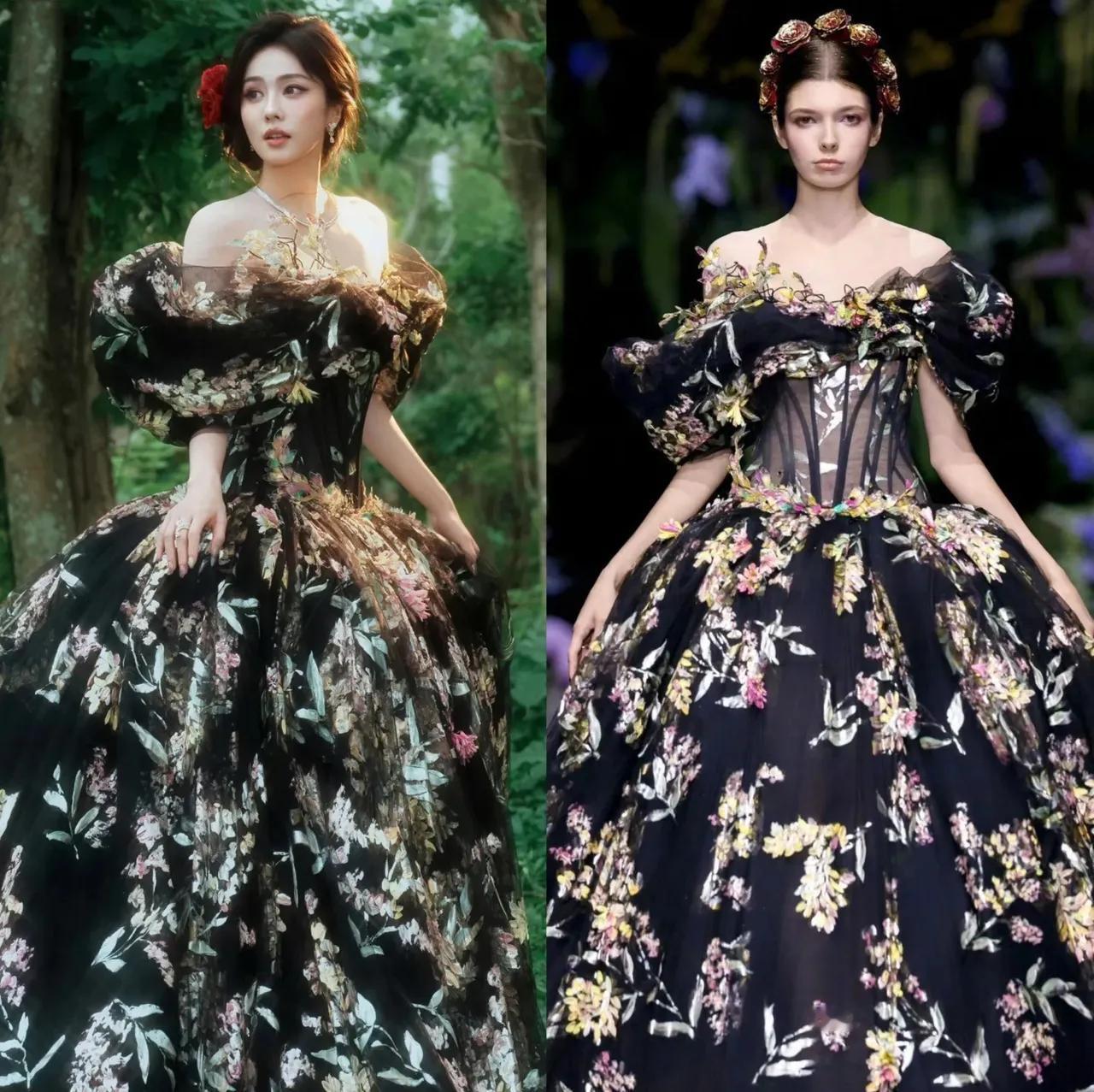 起初怀疑是礼服或发型的优势，看到模特穿同款礼服后，才意识到白鹿的惊艳程度。她在星