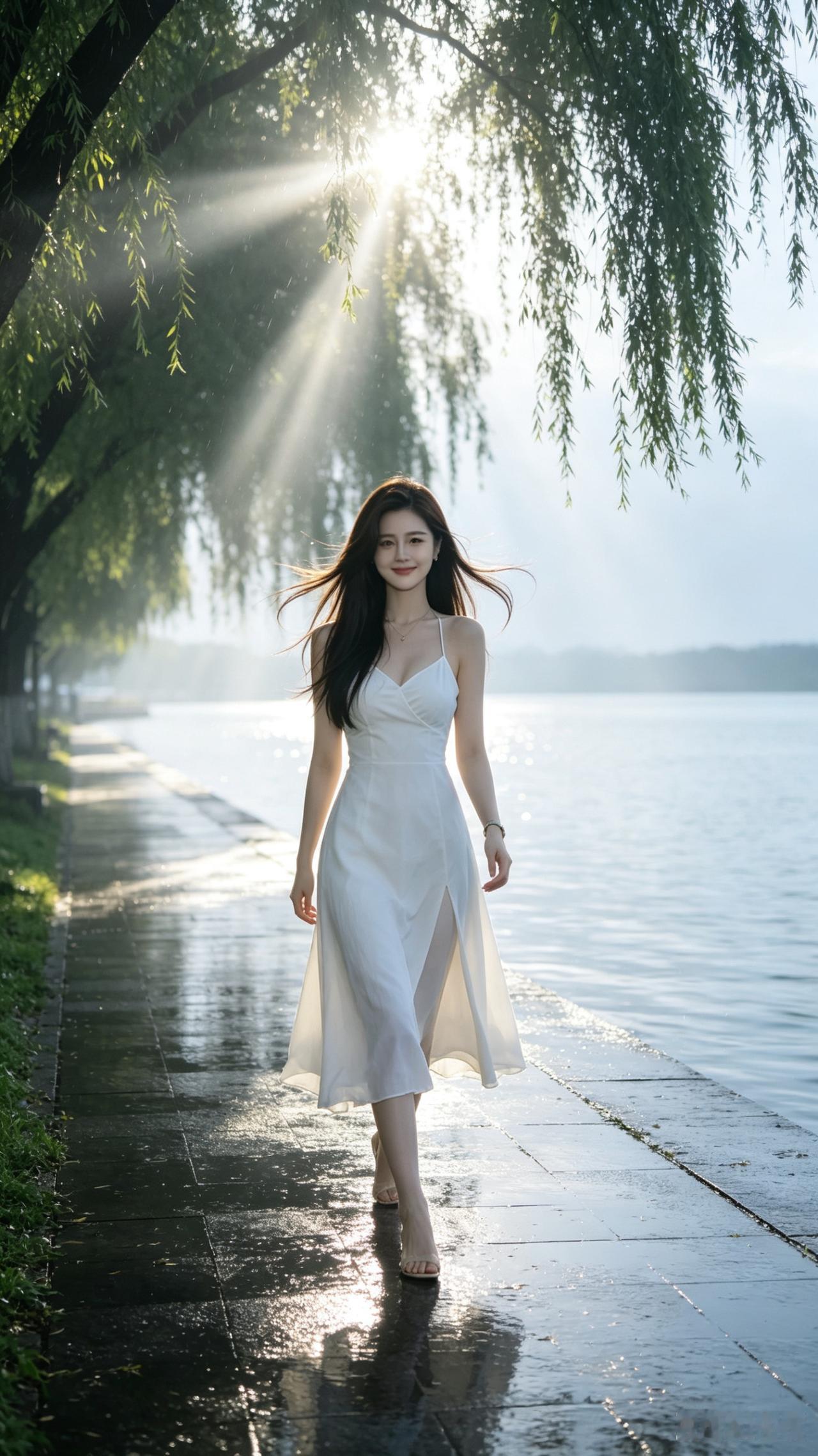阳光洒在湖边，她走过如画风景。