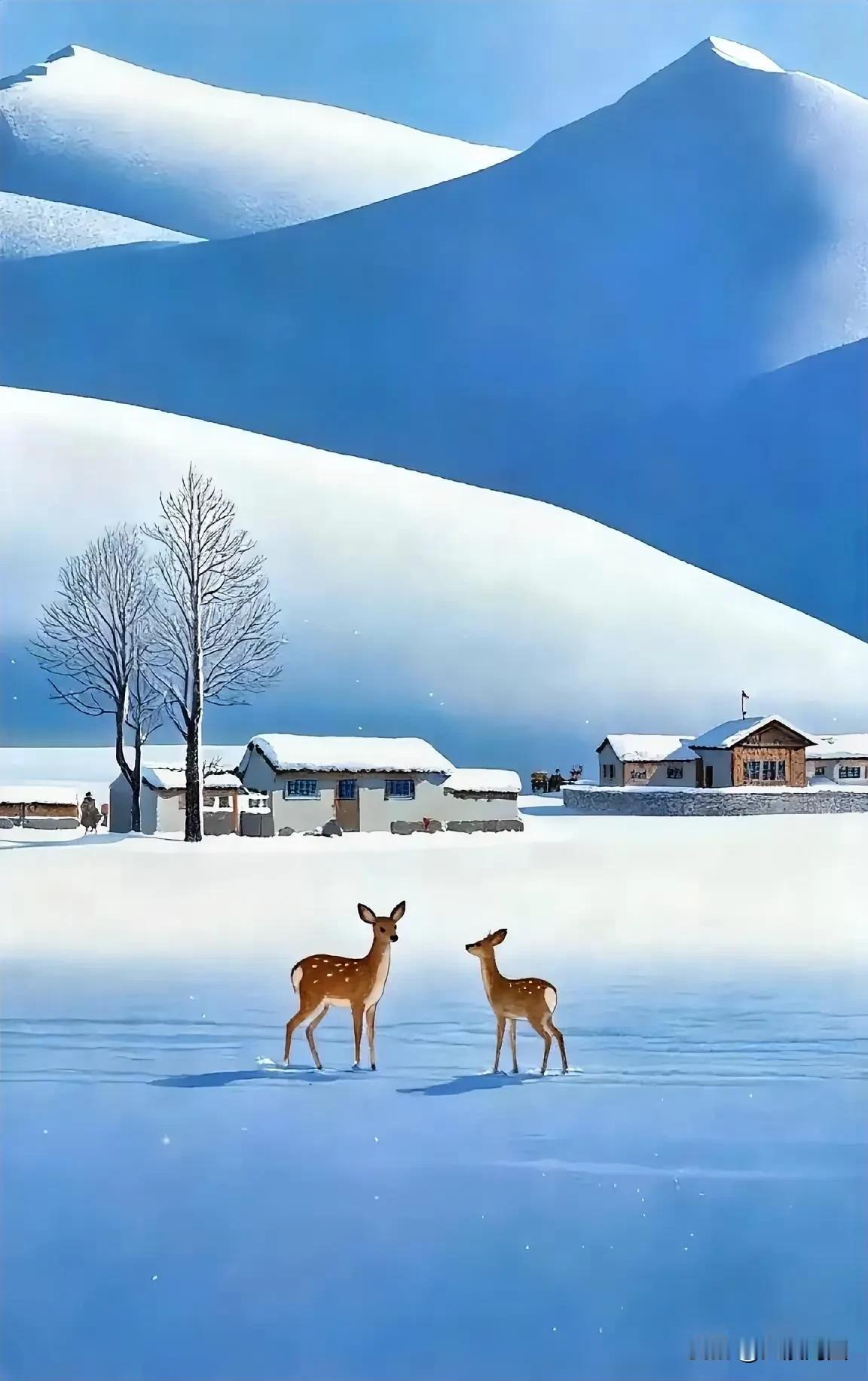 两只小鹿在雪地里玩耍，好可爱！