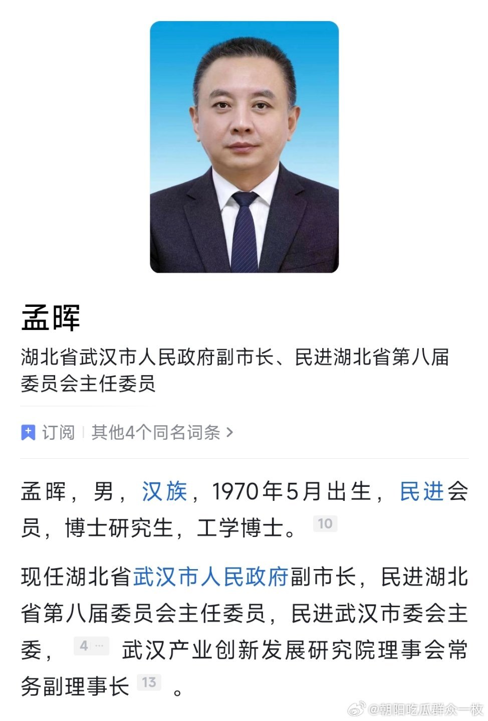武汉市副市长孟晖，当选民进湖北省委员会主任委员。