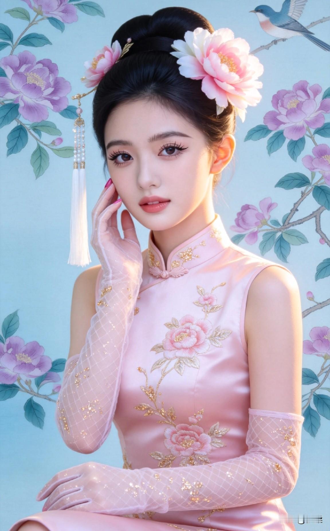 粉嫩旗袍少女，优雅复古韵味