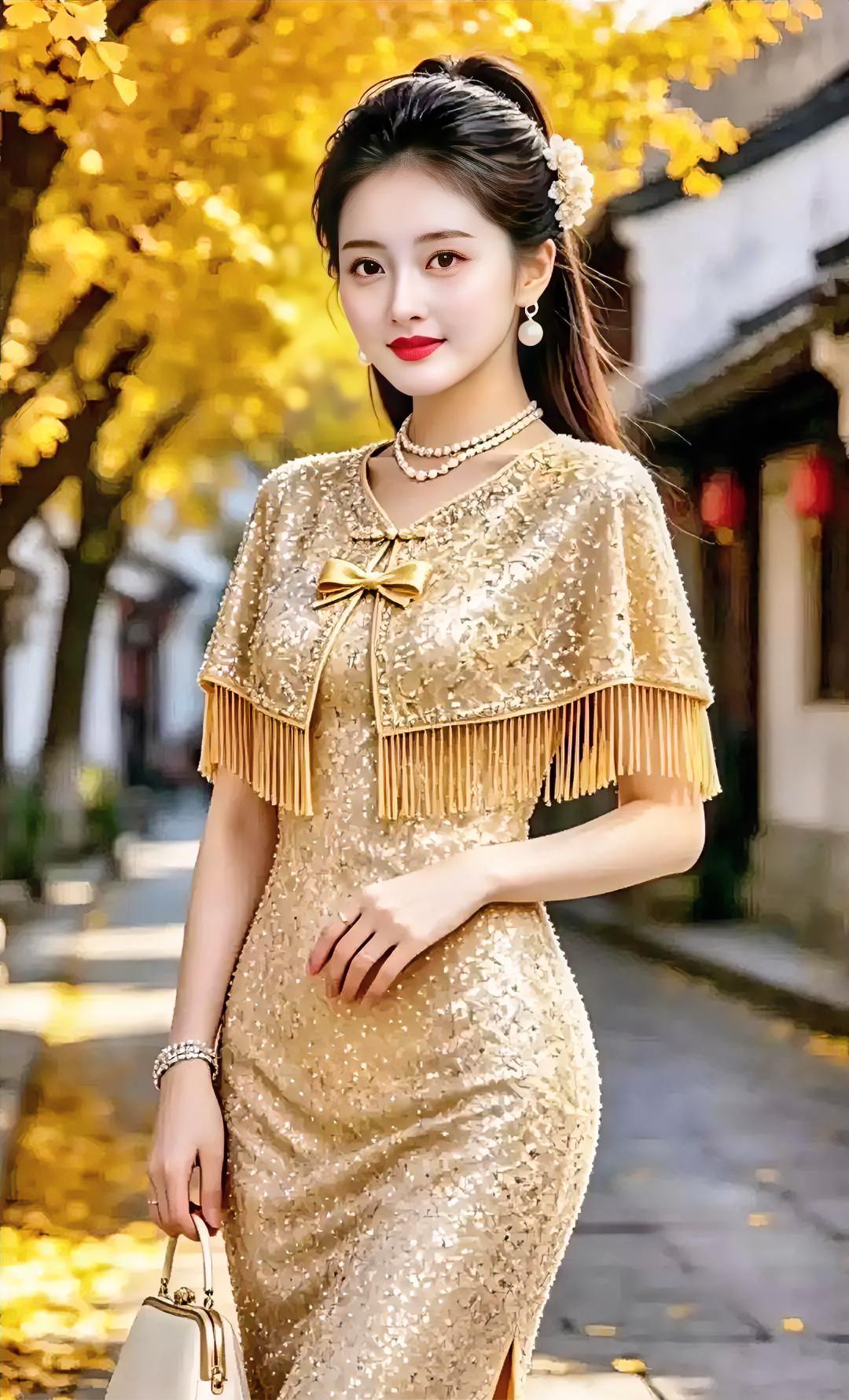 《银杏街的金色流光》银杏把秋色铺满古巷你着一袭金缕，披着流苏轻晃盘扣