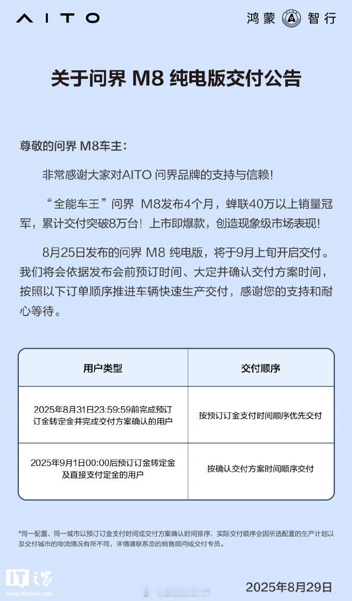 【问界M8累计交付量破8万台】问界M8纯电版9月上旬交付近日，问界鸿蒙智行官方