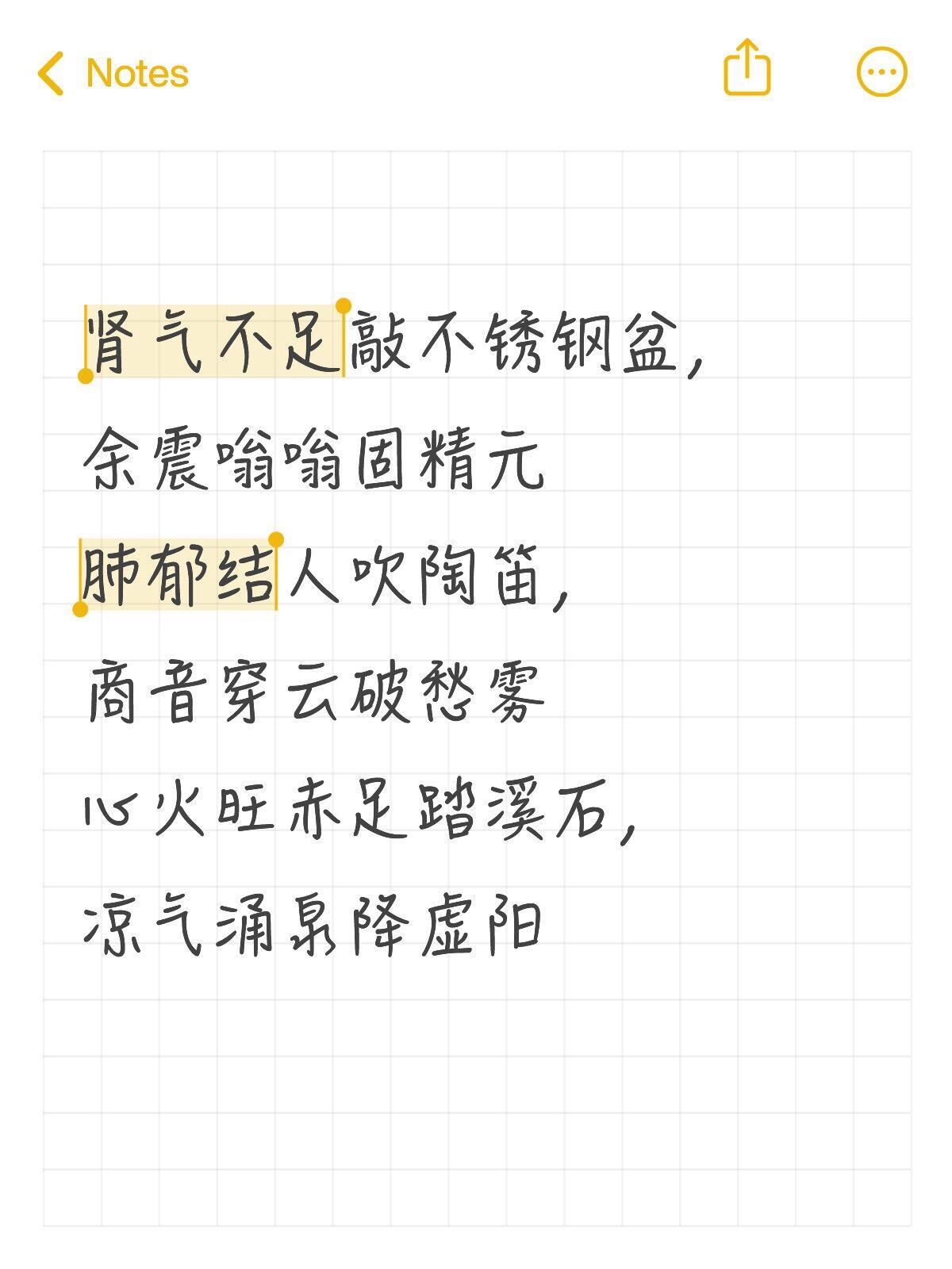 肾气不足敲不锈钢盆，余震嗡嗡固精元肺郁结人吹陶笛，商音穿云破愁雾心火旺赤足踏溪石
