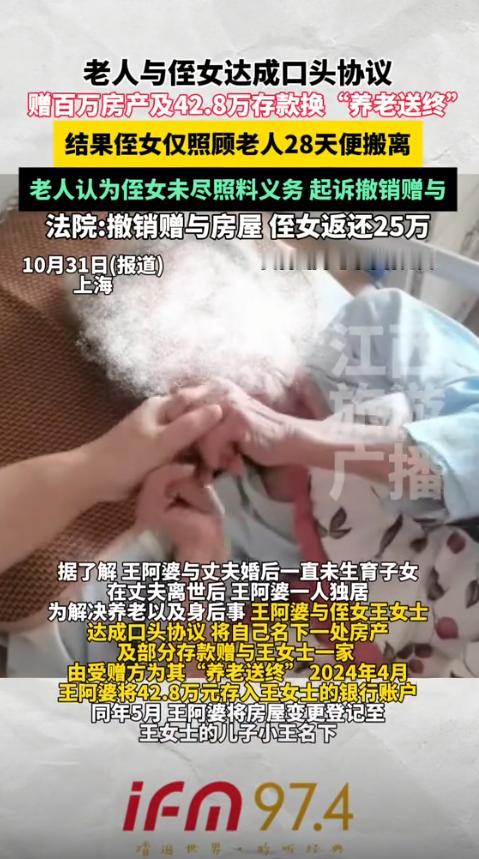 上海，一位80岁孤苦无依的阿婆，和侄女协商，若侄女为她养老送终，她就赠予侄女一套