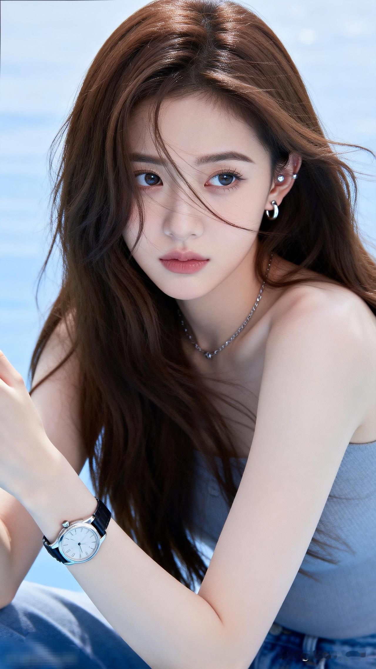 夏日清新少女，蓝色海洋背景，佩戴时尚手表和耳环，散发自然魅力。女星的素颜模样