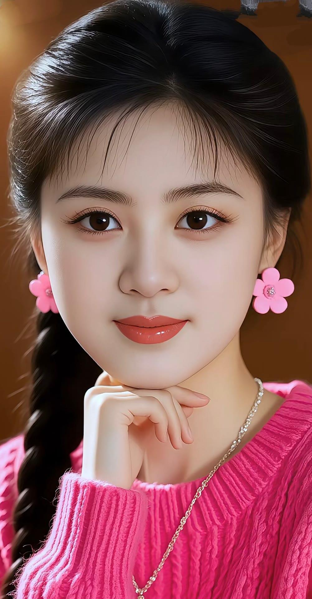 甜美少女风，粉色毛衣与花耳环的完美搭配，少女心满满！💖🌸💖