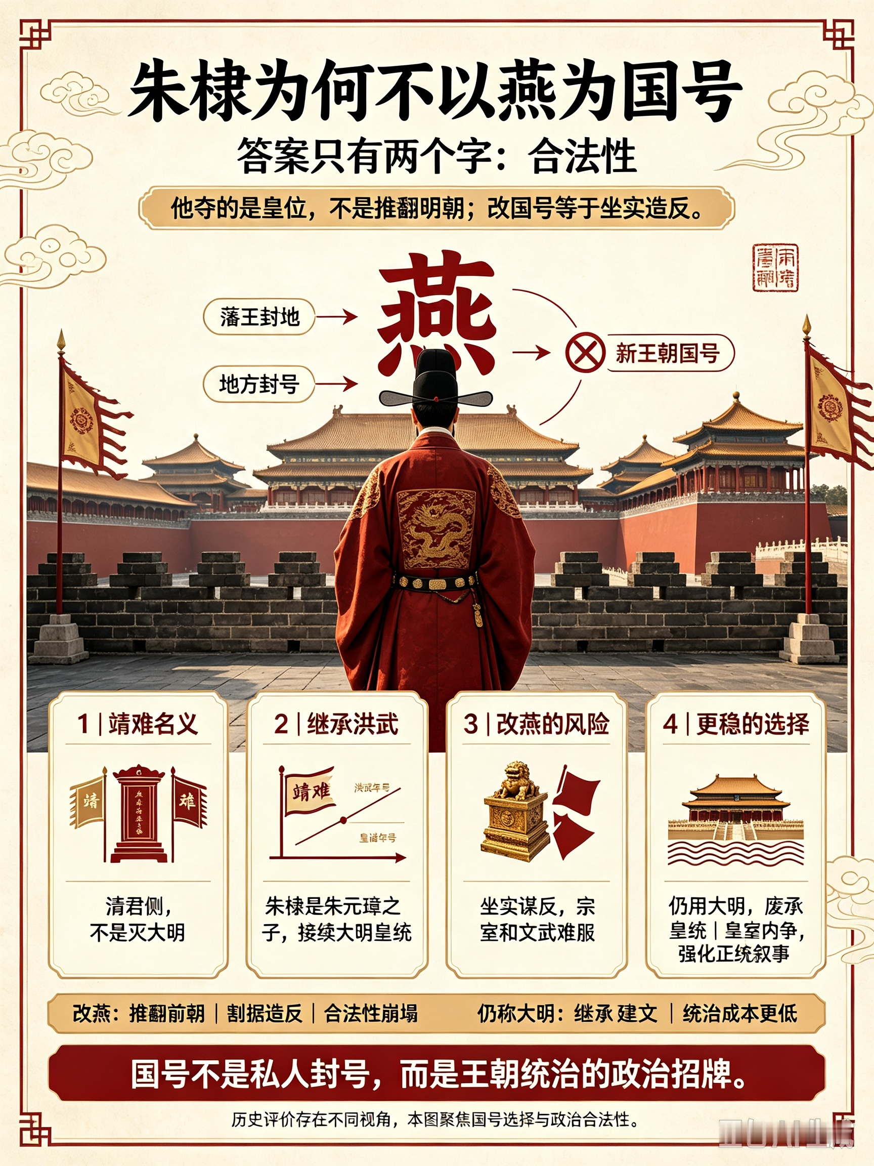 朱棣篡位为何不以燕为国号一句话核心：靖难的宣传定位是皇室内部“清君侧”，不是推翻明朝、改朝换代；一旦