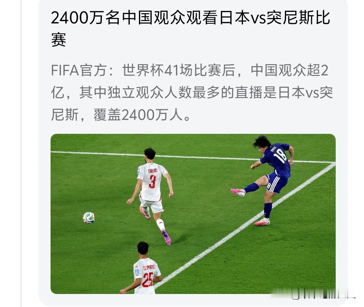 说句大实话，[笑着哭]为什么2400万中国球迷观看日本跟突尼斯的比赛，因为中国球迷