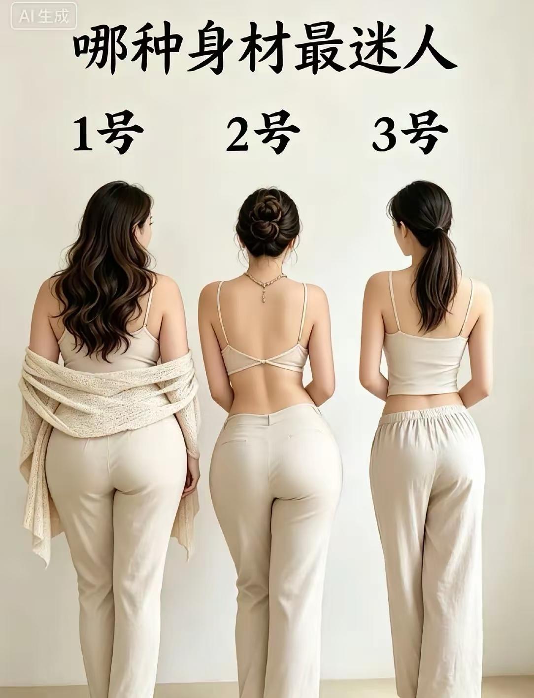 直观感受：1号身形过胖，2号魅力十足，3号尽显气质。2号有着杨柳细腰，身材凹凸