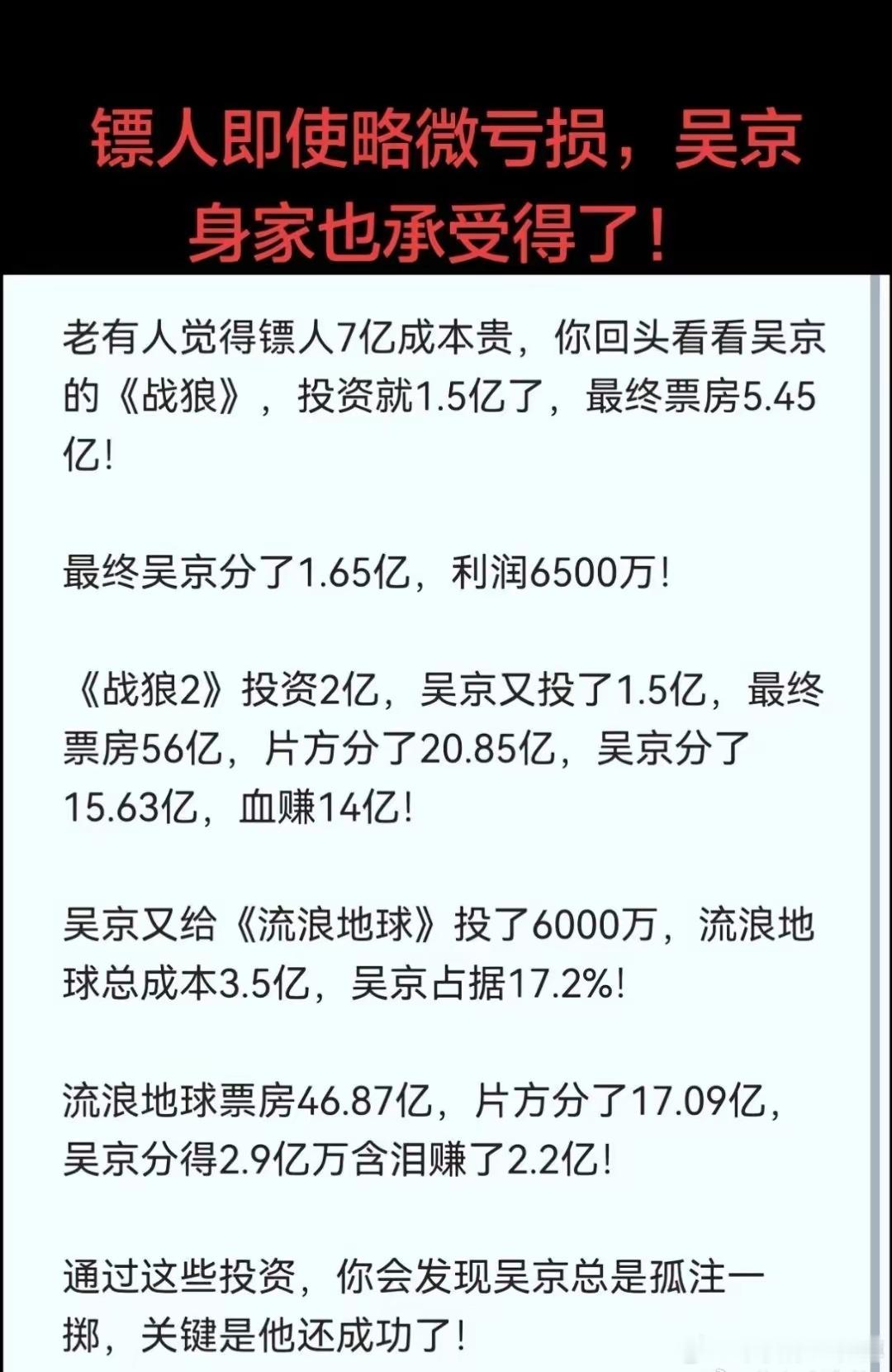 吴京这个是真的吗？分这么多钱，眼光这么好？