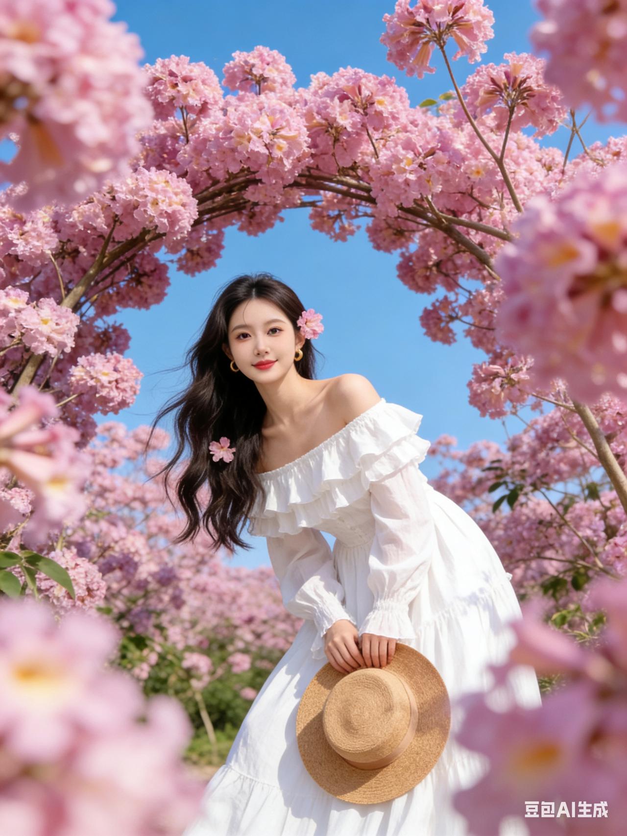 春日花海中的甜美少女，粉花映衬下的浪漫时光。🌸💕唯美樱花瞬间唯美樱花景赏