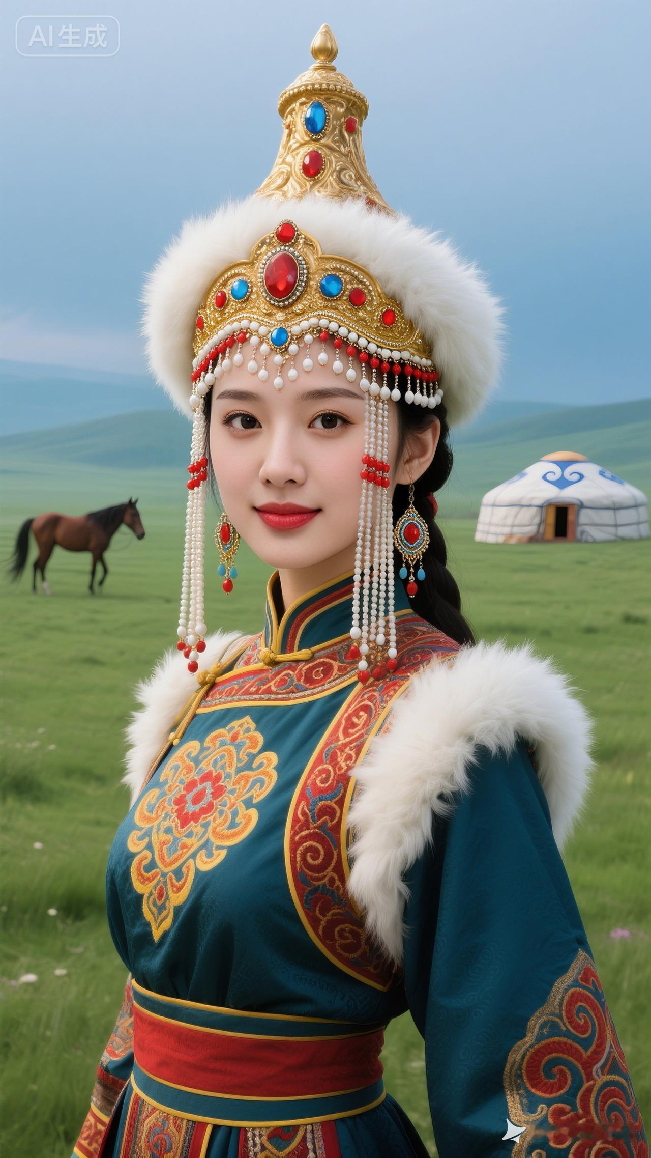 草原上的美丽姑娘，身着传统服饰，背景是蒙古包和马儿。