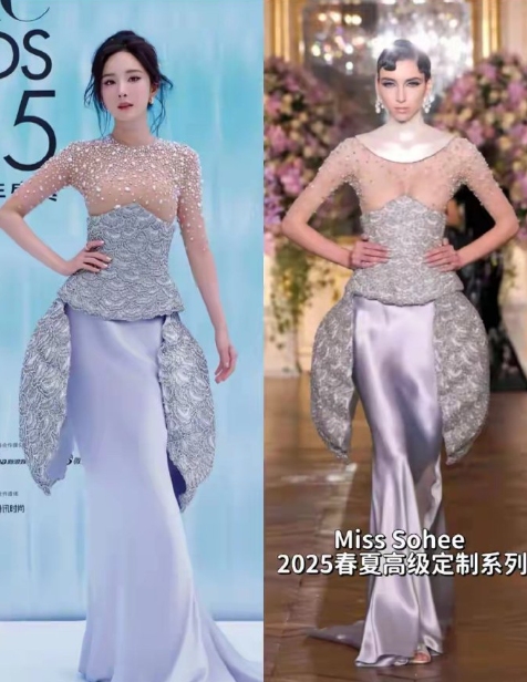 杨幂昨天红毯这套礼服原版模特穿的是全漏的，杨幂造型师团队给加了一件肉色打底，上面