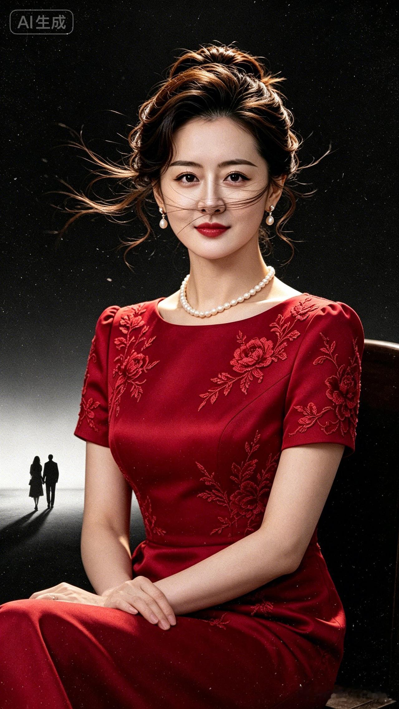 这位女士穿着红色礼服，看起来优雅迷人。