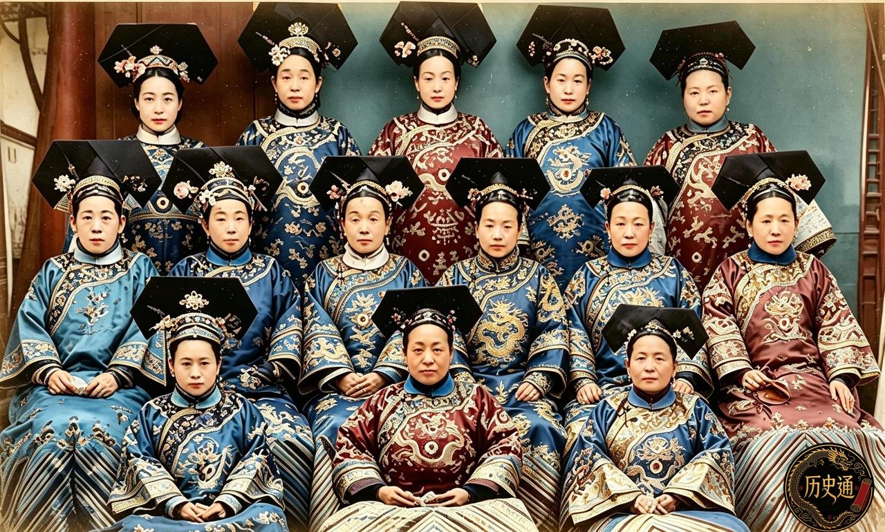 这是百年前十几位妇人整齐坐成三排，人人头戴大拉翅，身穿蟒袍，端坐在照相馆的背景布