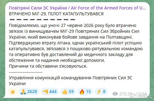 乌克兰空军司令部发布消息称，2026年6月27日夜间，一架乌克兰空军的米格29战