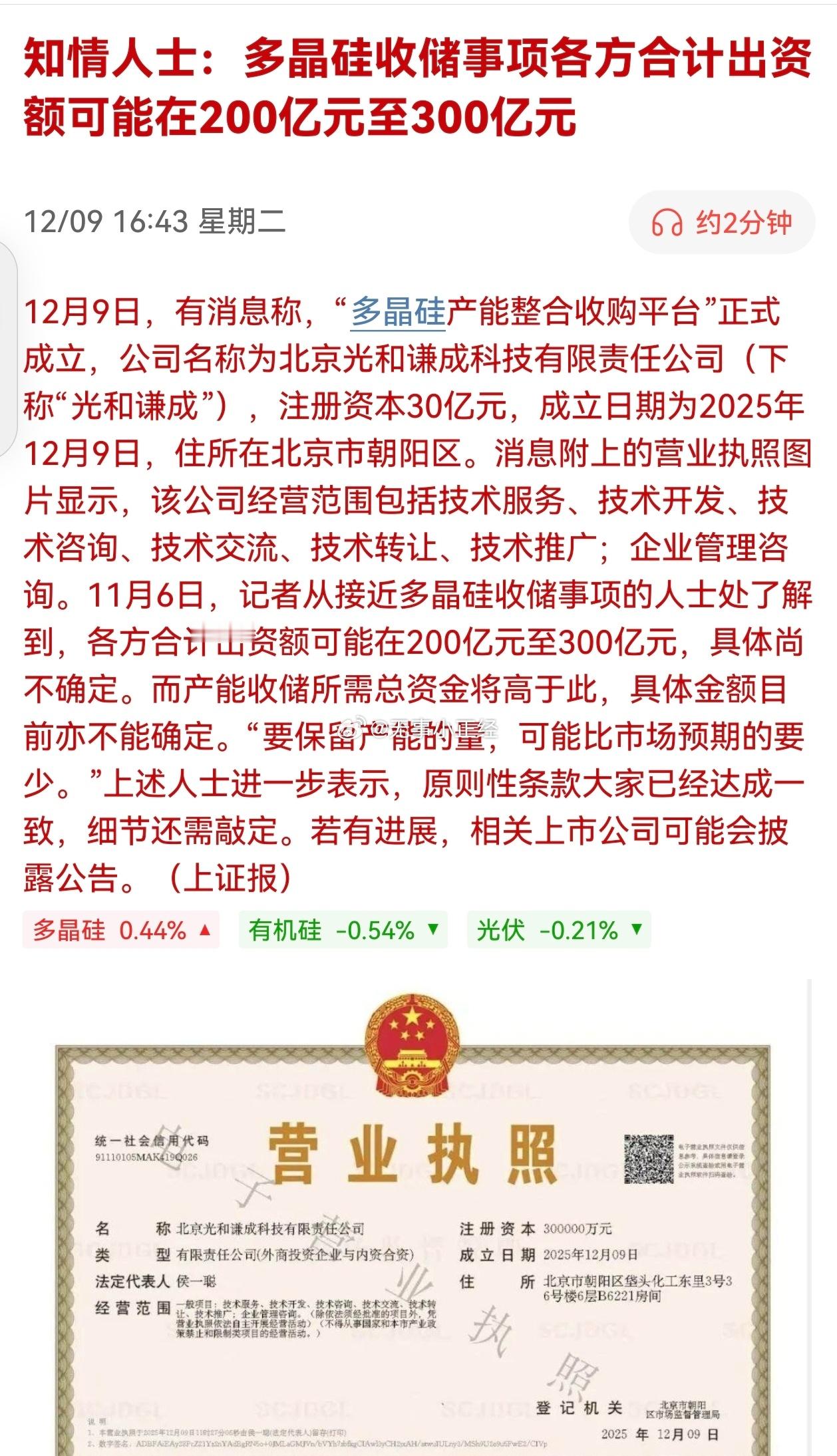 知情人士：多晶硅收储事项各方合计出资额可能在200亿元至300亿元！