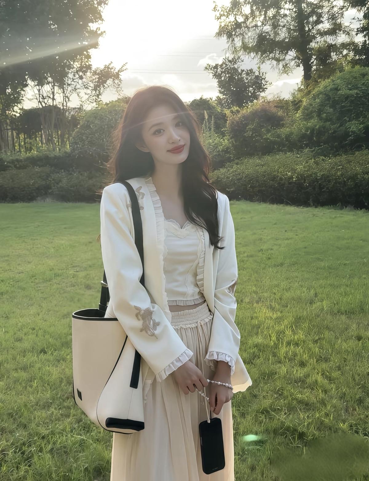 王楚然这身私服真的太戳我了[赞]奶油色系+精致刺绣，温柔又减龄，是春天该有的清