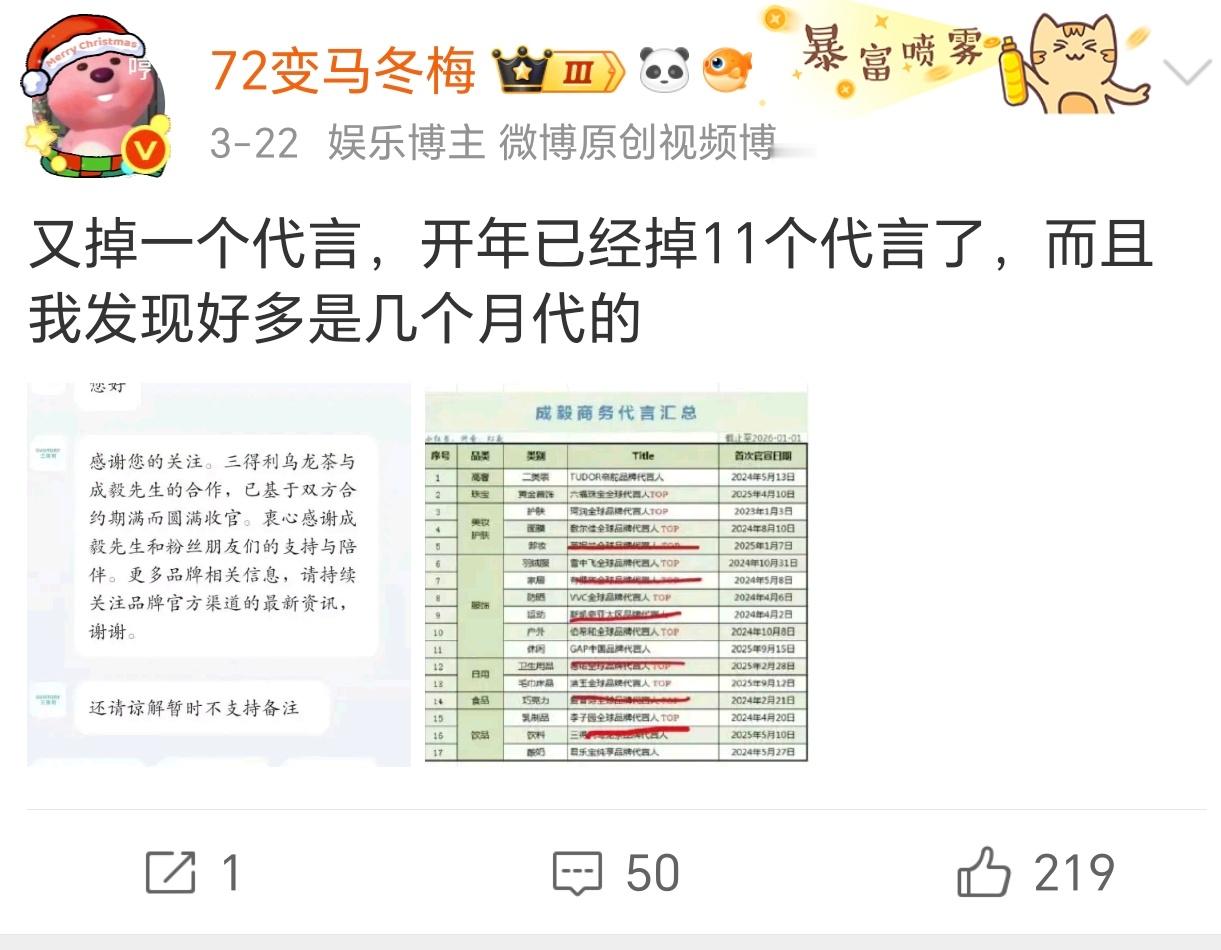 好的，开年已掉12个代言