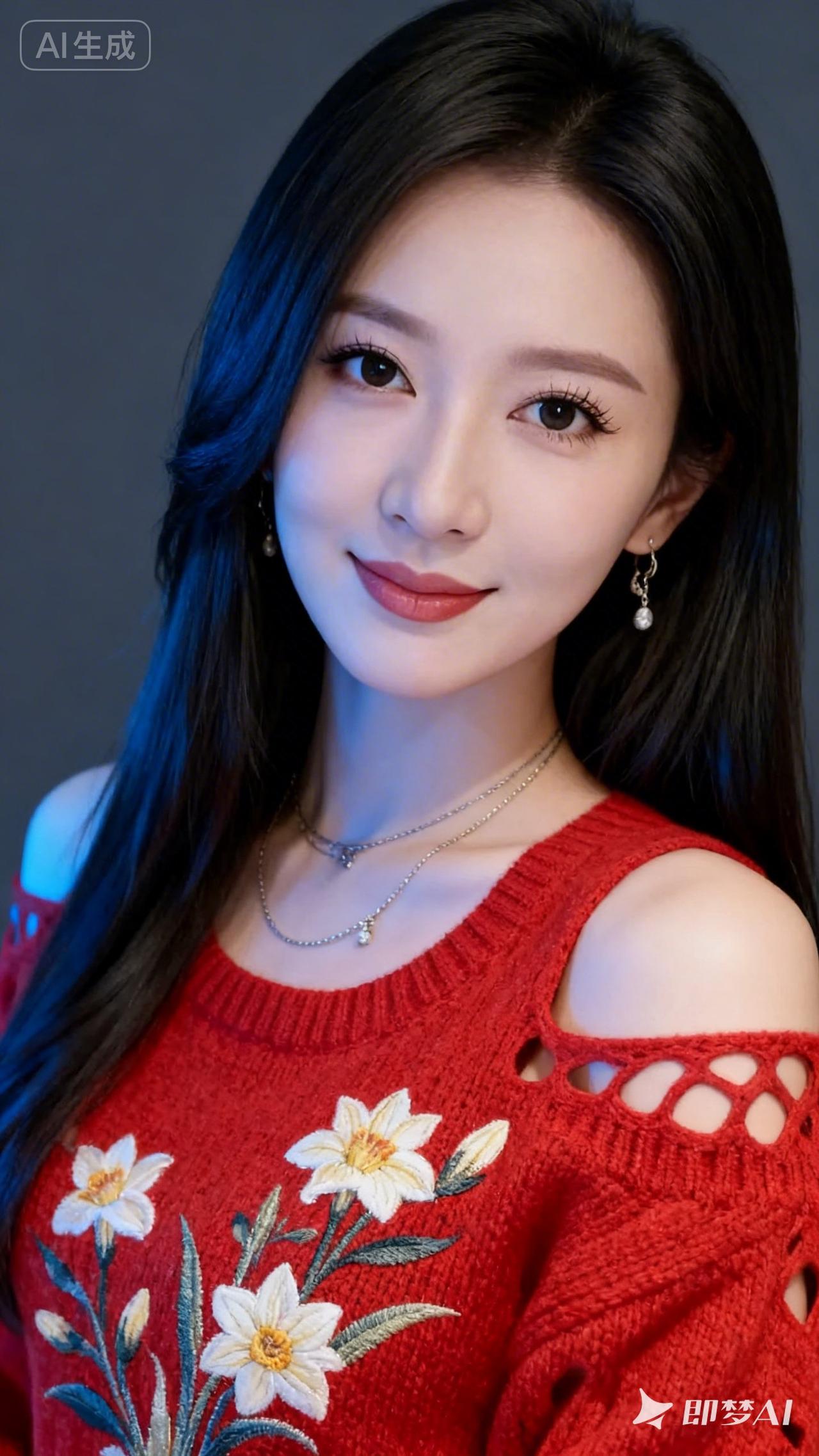 甜美少女风，红色毛衣搭配精致项链，元气满满！💖✨