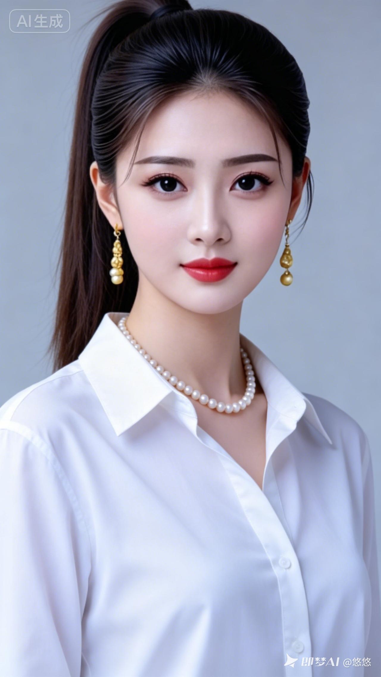 高挑女生利落高马尾元气干练，珍珠耳坠与项链温润雅致，简约白衬衫衬出温婉气质，肌肤