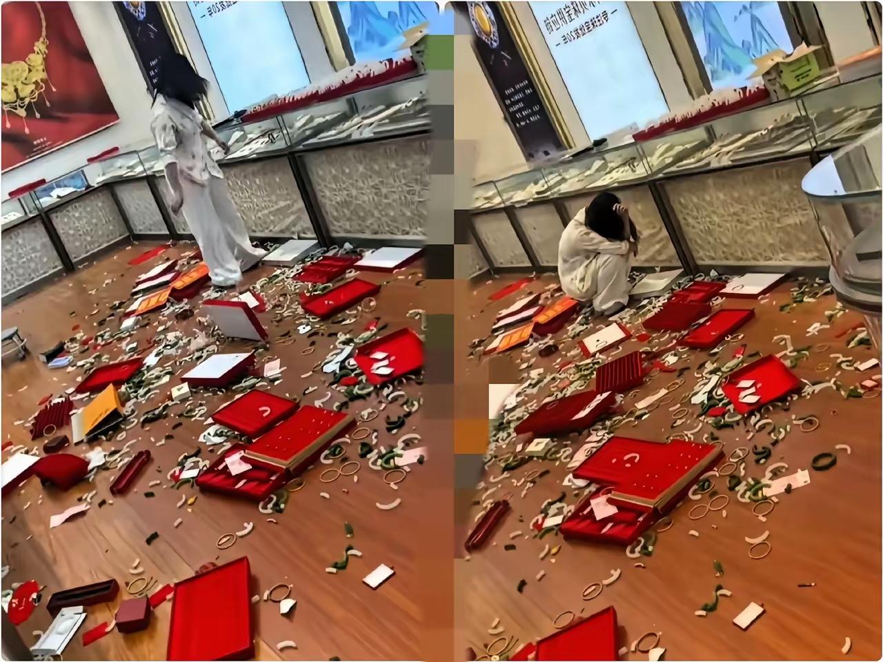 深圳水贝发生一起奇葩事件，水贝的玉器店，一女孩儿对着柜台里的玉镯使劲儿砸，一砸累
